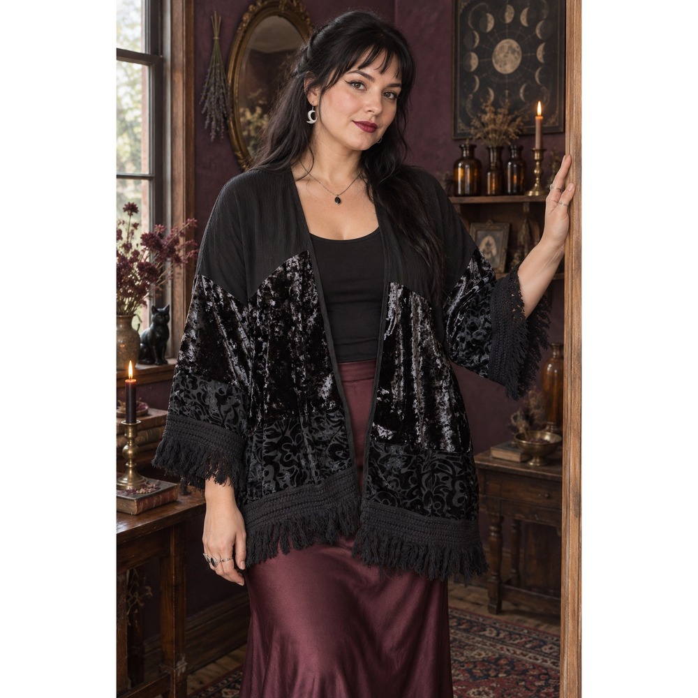 Velvet Burnout Fringe Kimono L Whimsigoth Fairy Grunge Dark Boho Knox Rose Goth